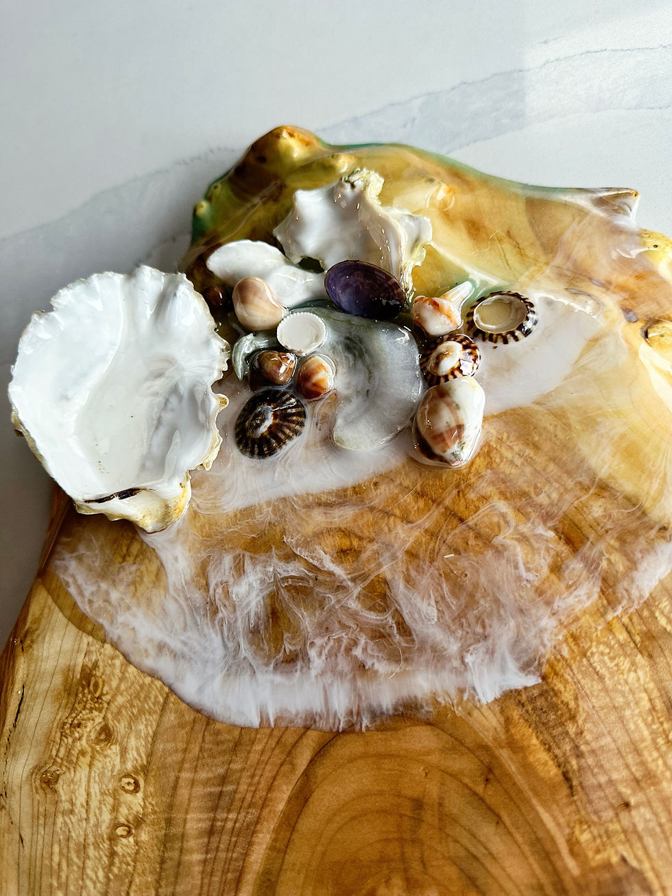 Thumbnail: close up of smaller Cutting board with seashells and resin wave