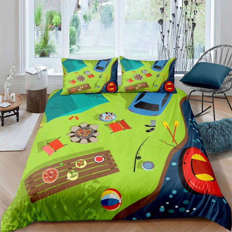 Thumbnail: Happy Camper Duvet Cover Queen Caravan Camping Bedding Set With Pillowcases