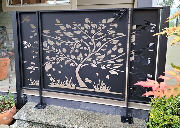 Aluminum entry gate with CNC water-jet cut design and custom tree branch inspired latch.