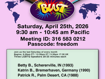 ZoomTown blast poster with rainbow text on pink background. Event on April 25, 2026, 9:30-10:45 am Pacific. Meeting ID: 316 583 0212. Passcode: freedom.