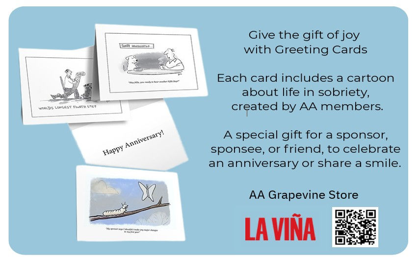 Greeting cards with sobriety cartoons are displayed on a blue background. Text promotes gifts for sponsors, friends. Includes QR code, "LA VIÑA".