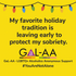 Yellow background with string lights. Text: "My favorite holiday tradition is leaving early to protect my sobriety." GaL-AA LGBTQ+ support. #YouAreNotAlone.