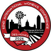 62nd International Women's Conference logo with Des Moines skyline, windmill, heart with ribbon, and text: "The Language of the Heart Will be Spoken Here."