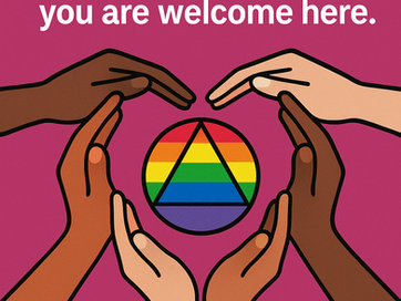 Diverse hands surround a rainbow circle on a pink background. Text reads: "No matter who you are...you are welcome here." GAL-AA logo below.