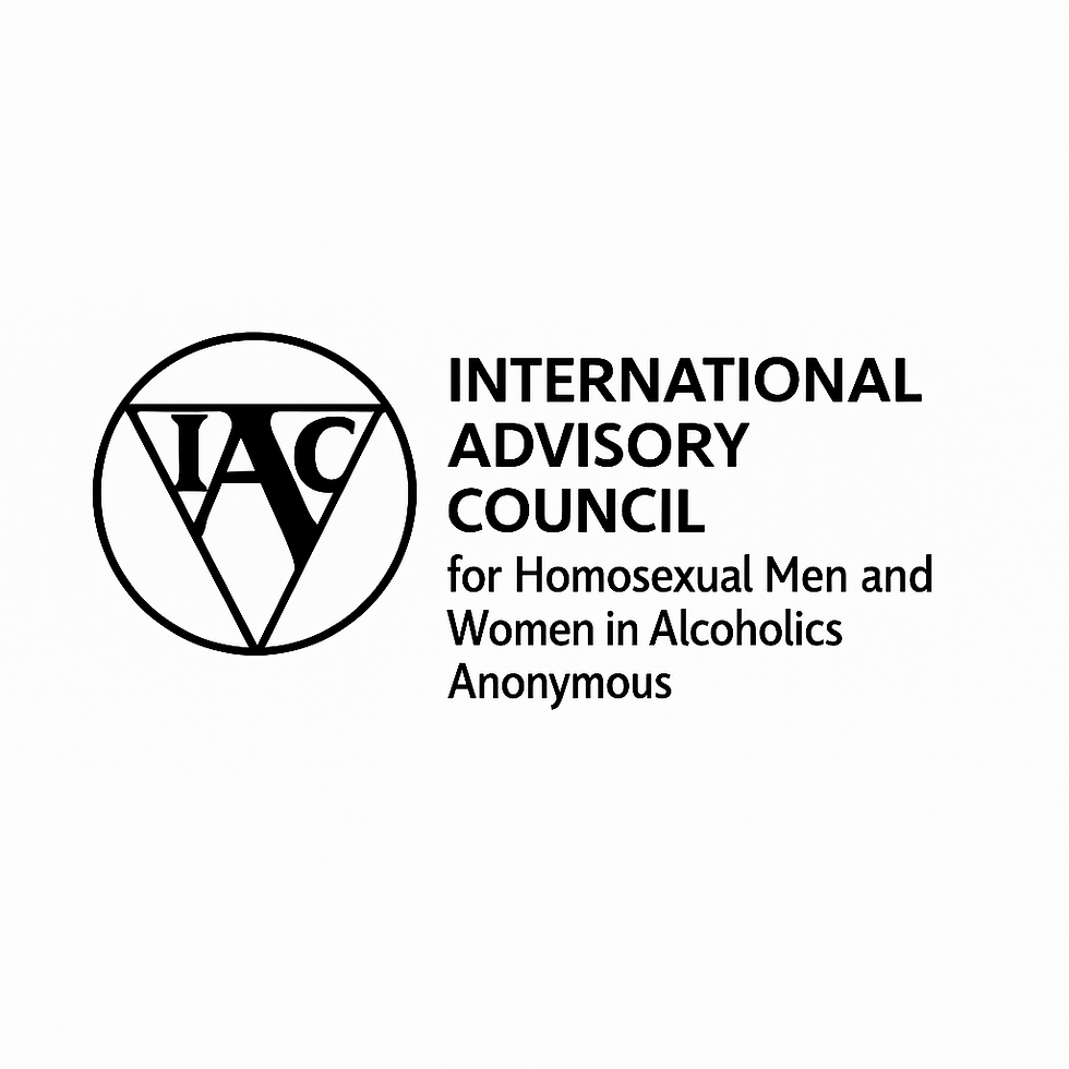 Logo with a black circle and triangle enclosing "IAC" on white background. Text reads: International Advisory Council for Homosexual Men and Women in Alcoholics Anonymous.