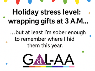 Holiday-themed image with colorful string lights and festive text about wrapping gifts at 3 A.M. Logo at bottom with rainbow stripe.