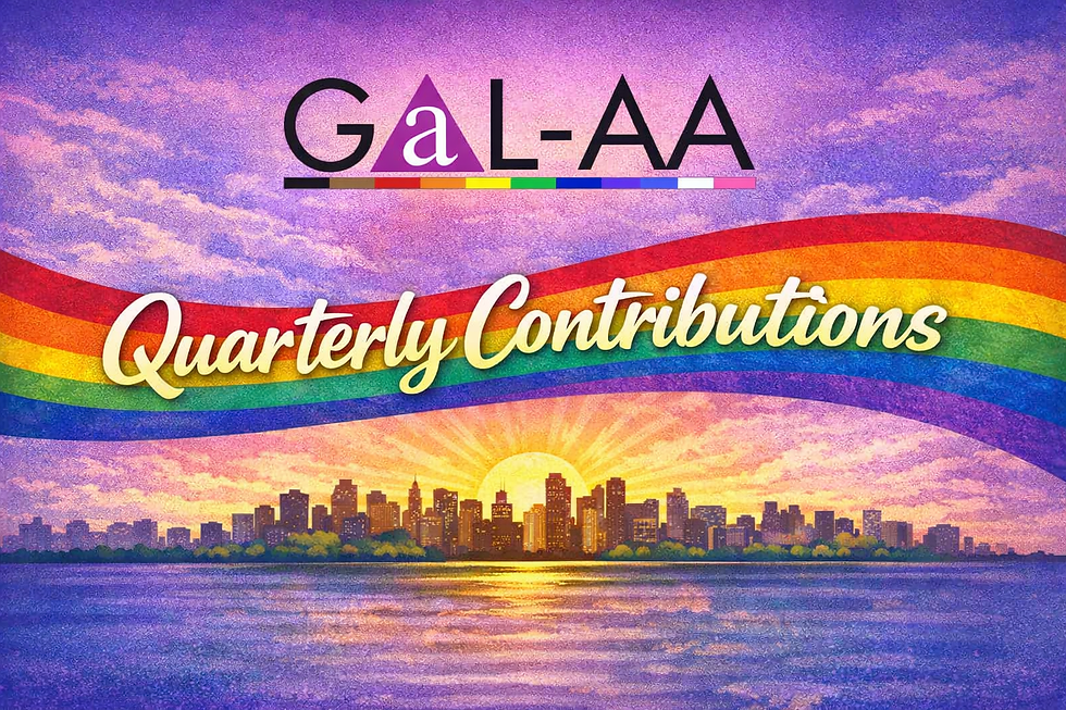 Skyline with a sunset over water, text "GA-AA" and "Quarterly Contributions" over rainbow stripes, set against a purple sky.