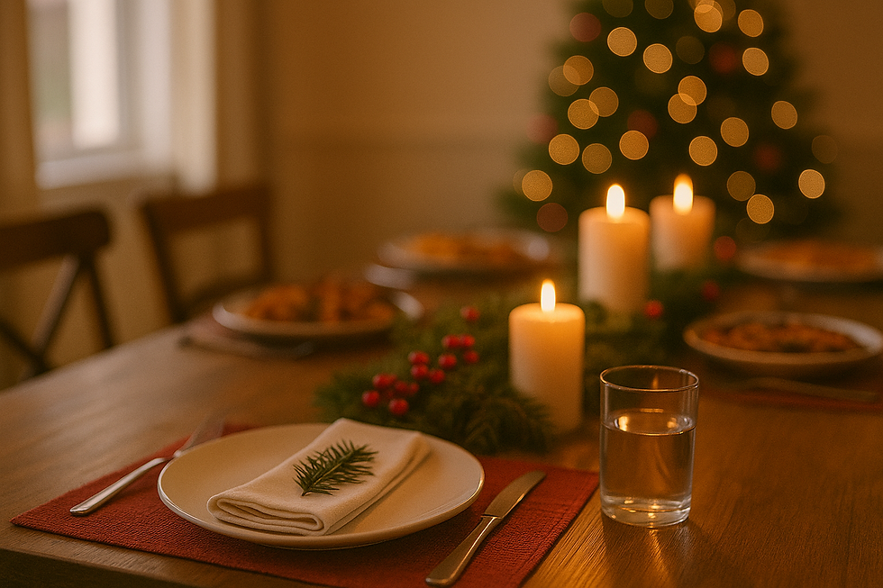 Festive dining table with candles, a spruce branch on napkin, and plates of food. Blurred Christmas tree lights in background. Warm ambiance.