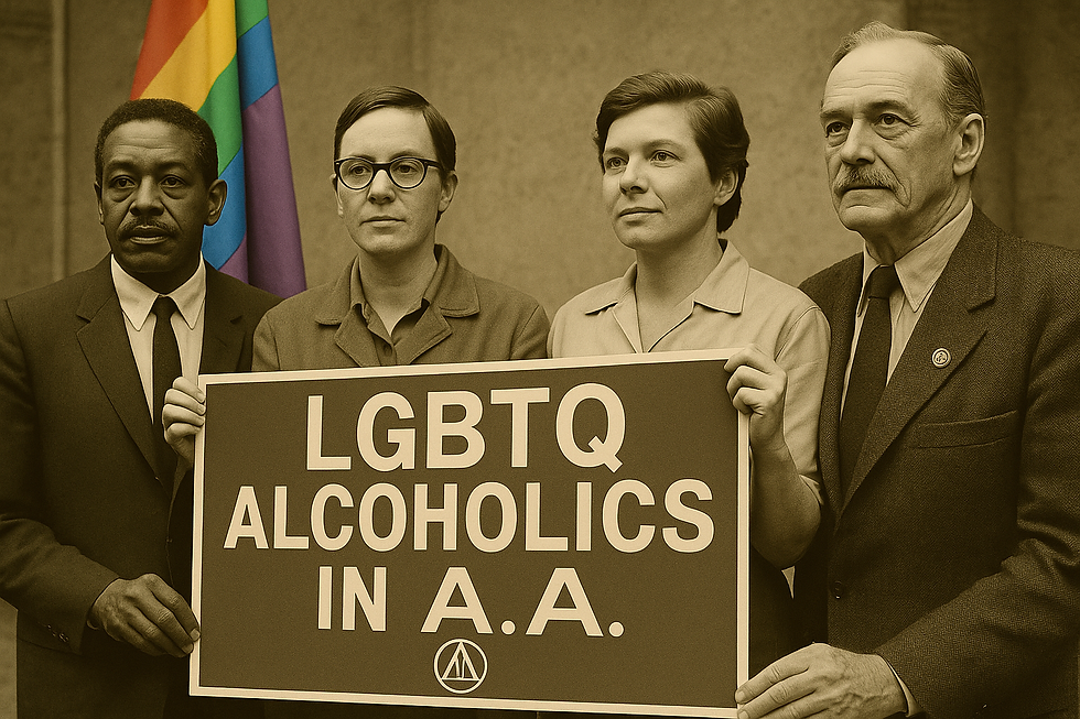 Four people hold an "LGBTQ Alcoholics in A.A." sign. Background shows a pride flag. Mood is serious, promoting inclusivity.