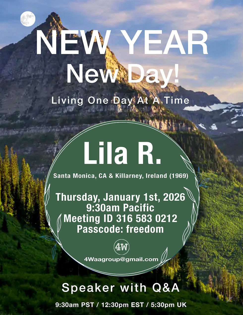 Mountain backdrop with text: NEW YEAR New Day! Event on Jan 1st, 2026, 9:30am PST with Lila R. Includes meeting details and email. Calm scene.