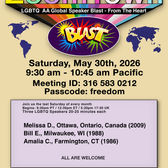 Colorful ZoomTown poster for LGBTQ AA Global Speaker Blast, with rainbow BLAST logo, world maps, date, time, meeting ID, and all are welcome.