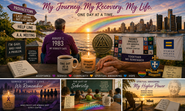 Recovery collage with man at sunset by water, AA signs, memorial quilt, rainbow, candles, and text: My Journey. My Recovery. My Life.