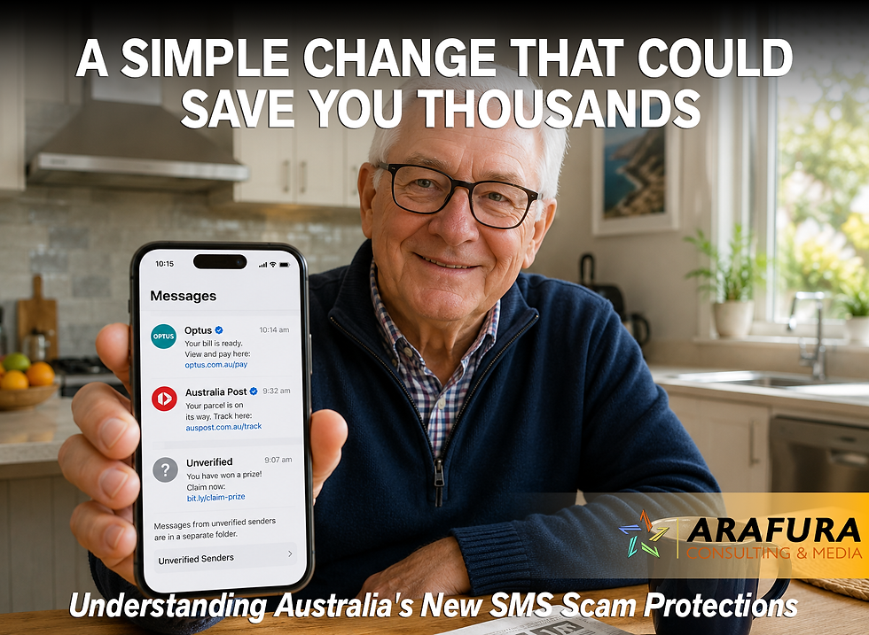 Senior Australian demonstrating the new SMS Sender ID protection system.