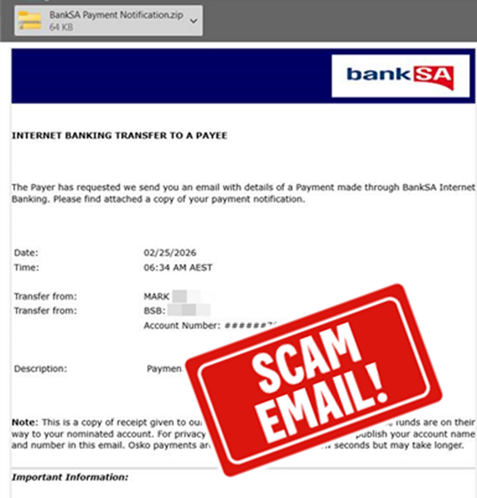 example of a scam email purporting to be from Bank SA