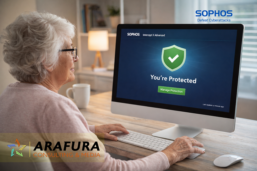 senior australian woman working on a computer that displays "you're protected" on the screen