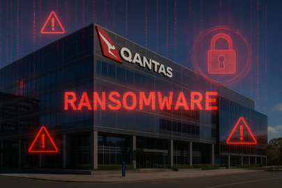 Qantas data breach alert overlaying headquarters 