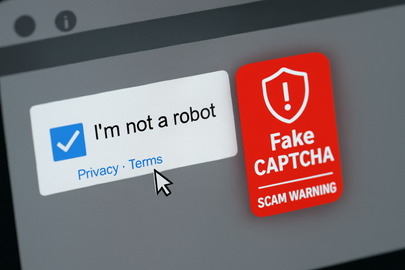 Browser screen showing fake CAPTCHA alert and a red warning shield icon