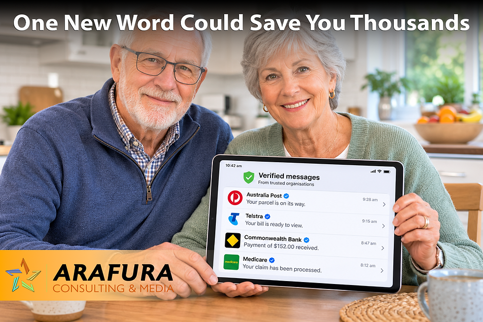Confident couple show verified text messages on their iPad or Tablet