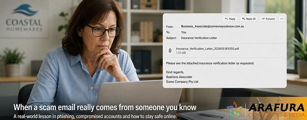 Woman in office studies a laptop while a suspicious email overlay shows an insurance verification letter; phishing warning text.