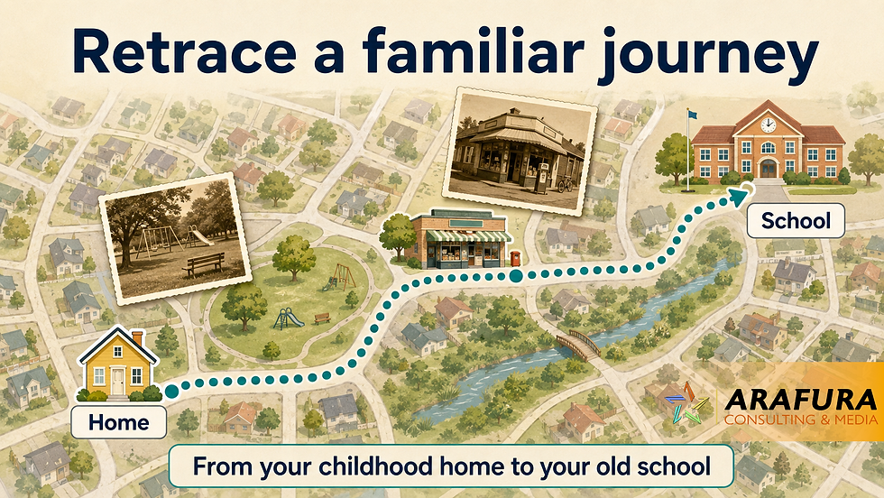 Map infographic showing a dotted route from Home to School past old park and shop photos, titled Retrace a familiar journey.