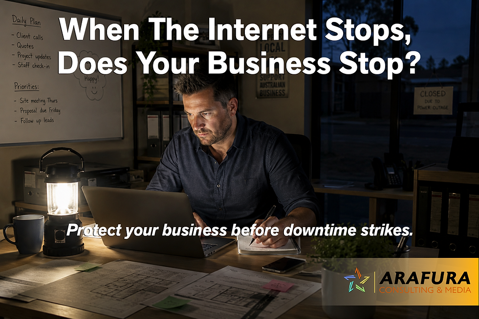 Australian small business owner maintaining operations during a power outage.