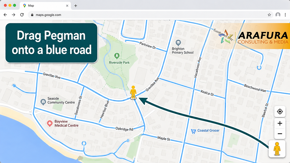 Google Maps screen with yellow Pegman and arrow on a blue road, showing streets, parks, and the text Drag Pegman onto a blue road