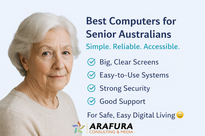 Senior Australian woman with bullet points for chosing a computer