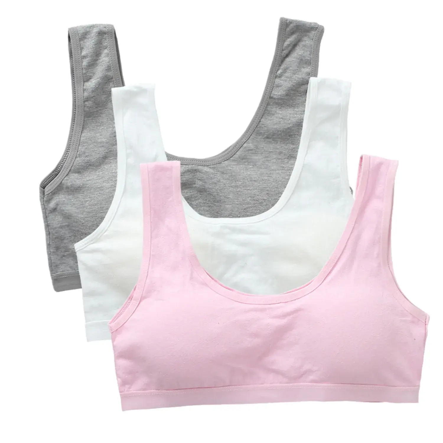 3 Pack Girls Cotton Sports Training Bras Solid Color Crop Tops