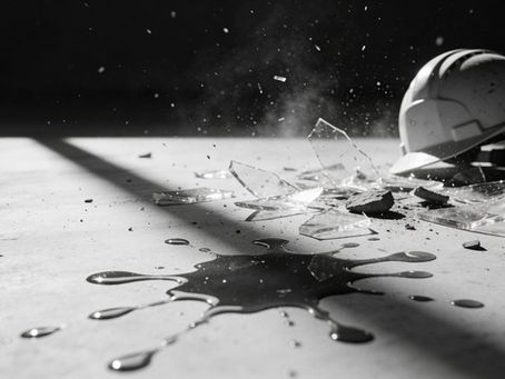 Shattered safety glass and a fallen white hard hat resting on a dark surface, symbolising workplace fatalities.