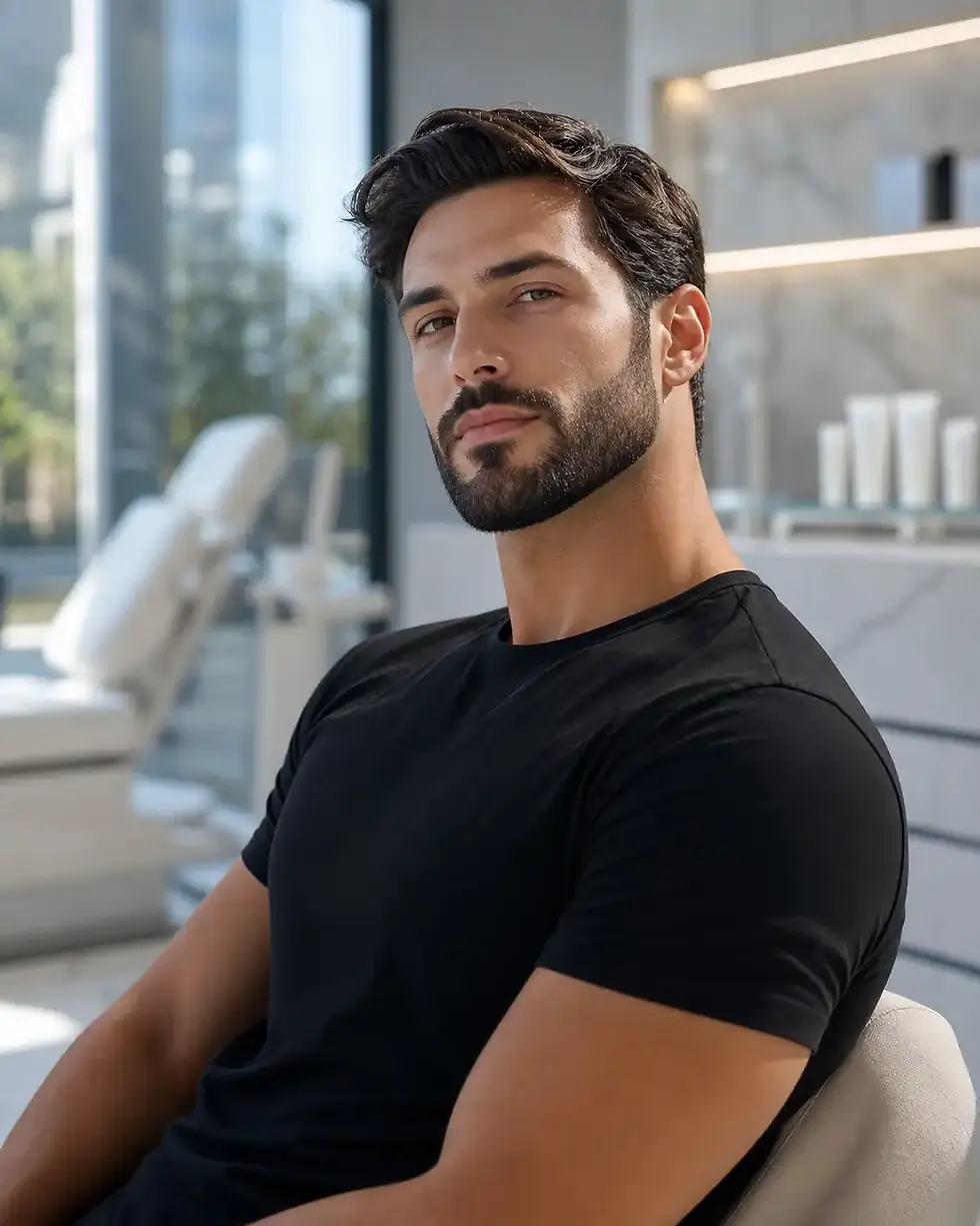 Portrait of a handsome man with a perfectly defined, sharp neckline after a professional laser hair removal beard treatment in a luxury medical aesthetics clinic setup.