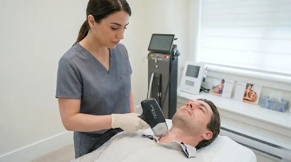 A female practitioner using the Soprano Titanium applicator handpiece for a precise beard line laser hair removal session on a male patient's lower neck in a modern clinical room.