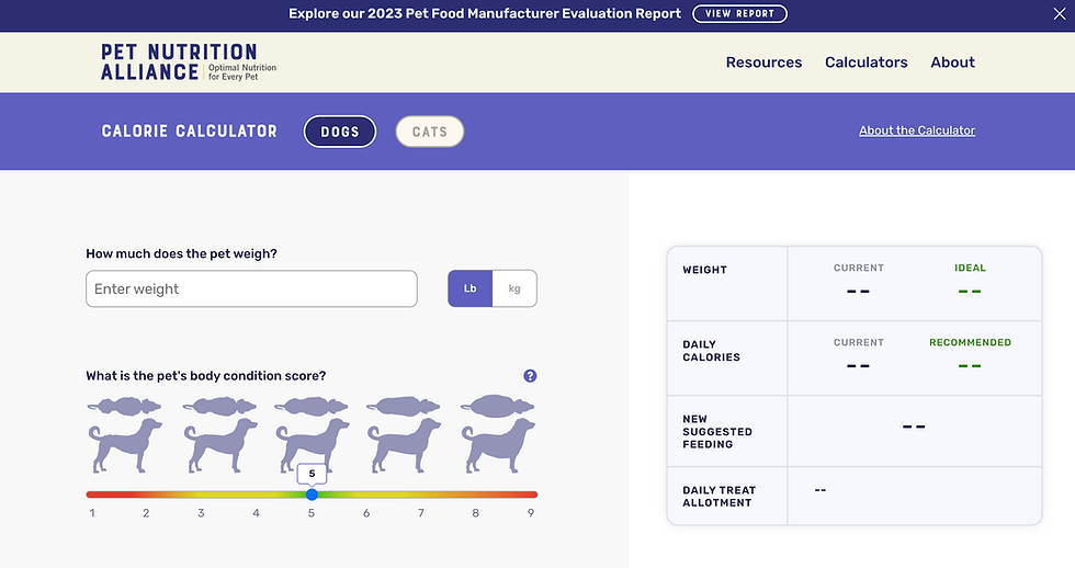 Screenshot of Pet Nutrition Alliance's calorie calculator for dogs and cats