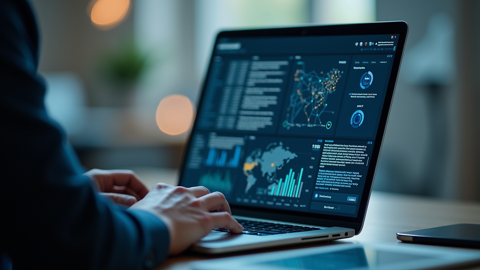 Close-up view of a data scientist analyzing AI-generated network insights on a laptop