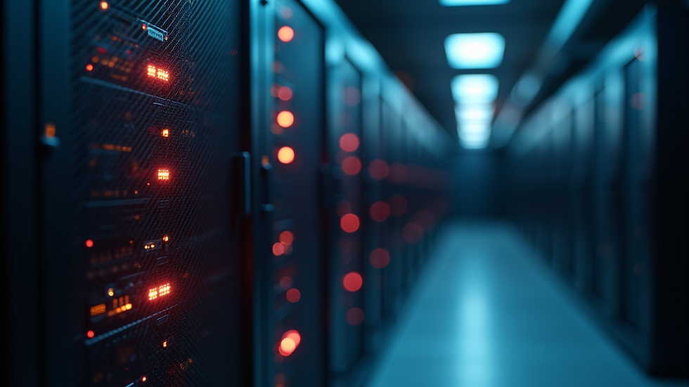 Close-up view of a server rack with blinking lights in a data center