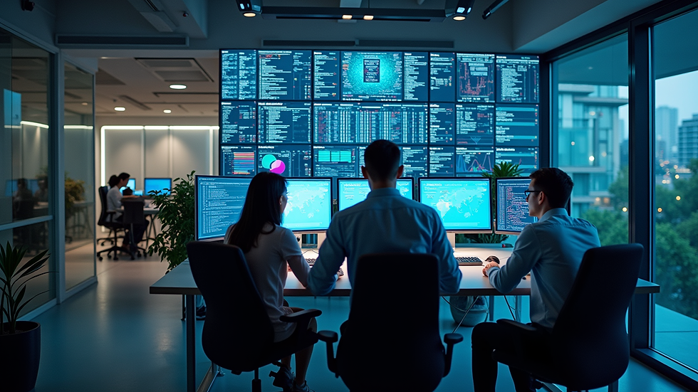 High angle view of a modern office with a team analyzing network performance data on large screens