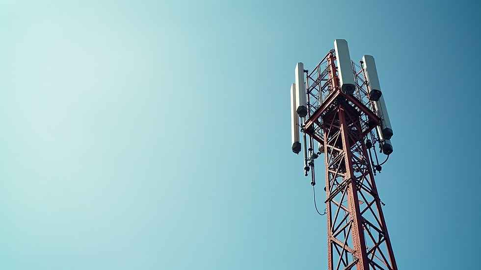 Eye-level view of a mobile network tower with antennas