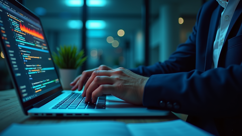 Close-up view of a network engineer analyzing QoE data on a laptop