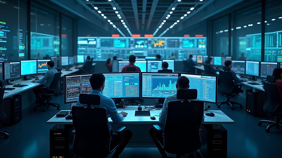 High angle view of a network operations center with multiple screens displaying analytics