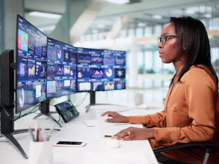 Data analyst reviewing multiple marketing performance dashboards across several monitors in a modern office.