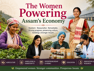 Women from Assam contributing to the economy through tea cultivation, handloom weaving, entrepreneurship, agriculture, and innovation.