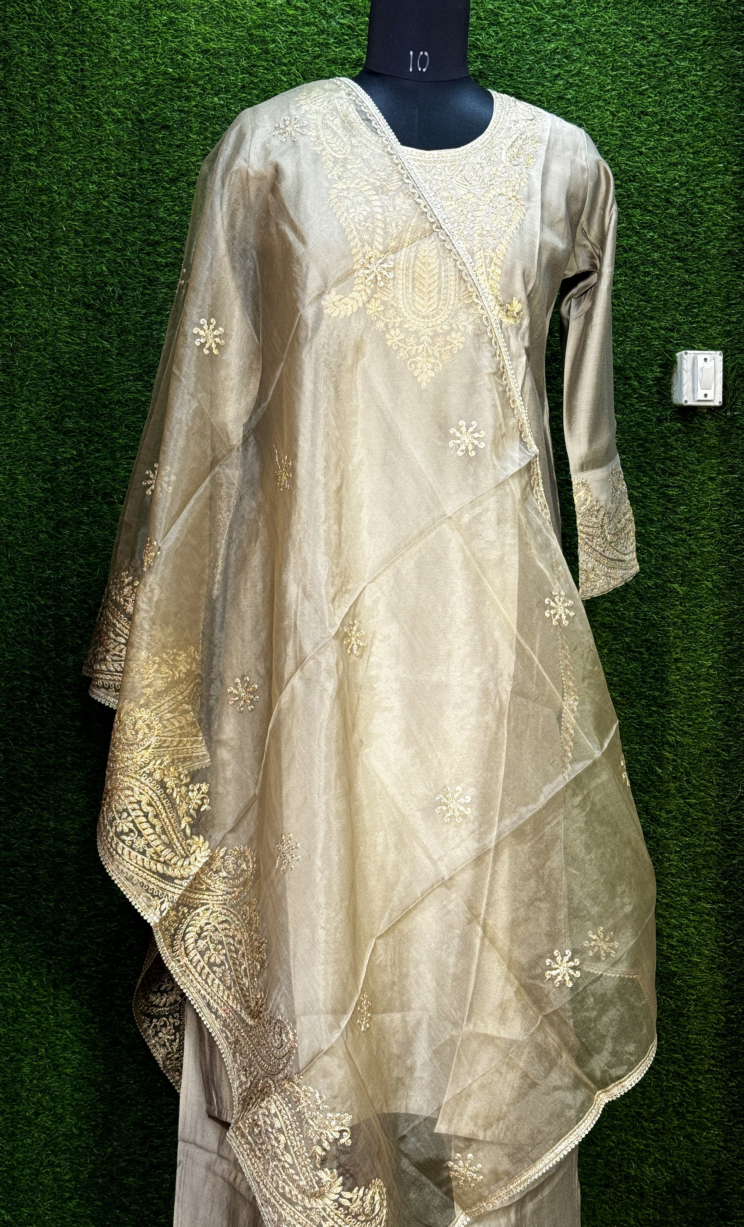 Russian Silk Party Wear: Silver Beige Color