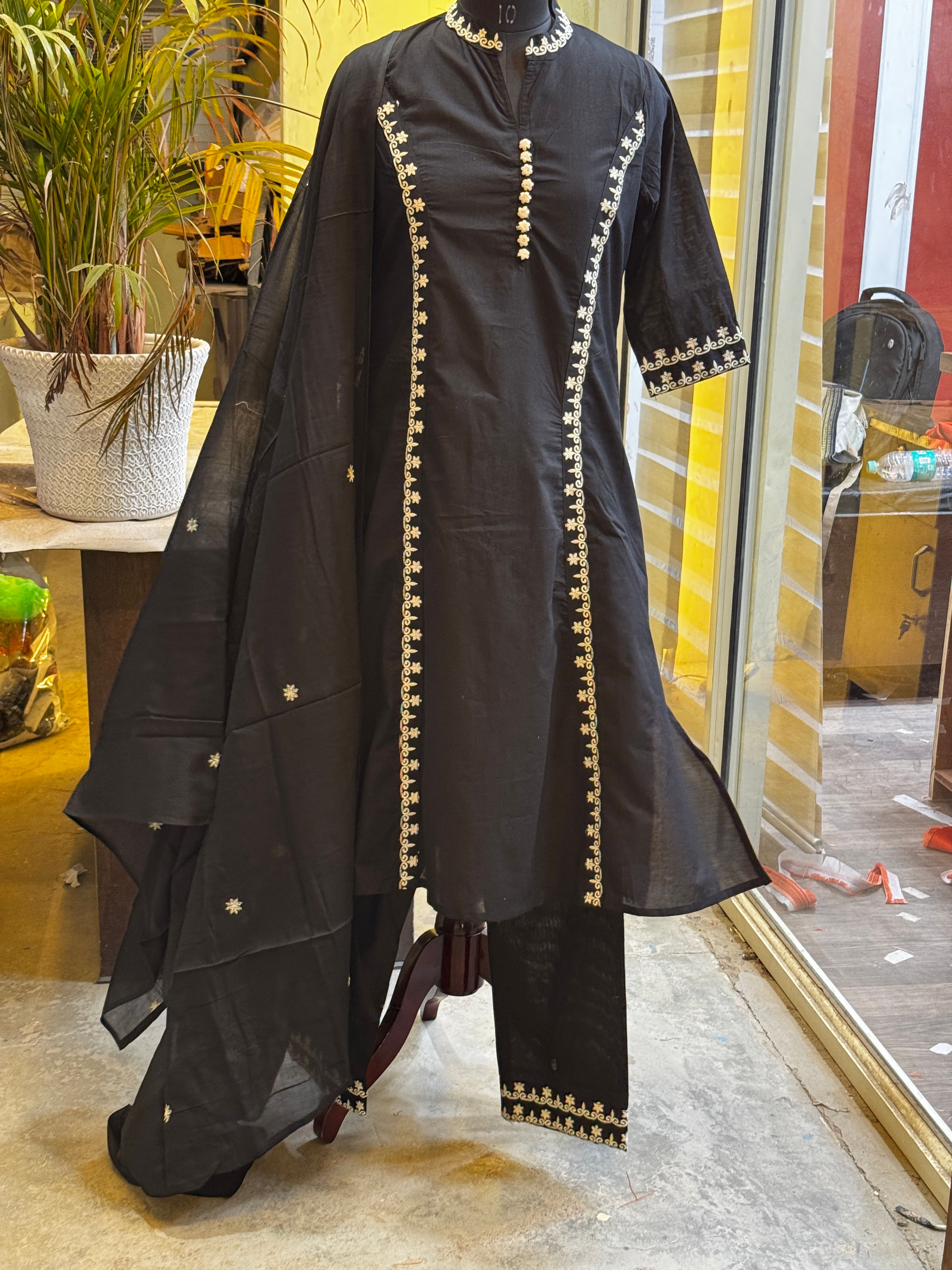 Princess Cut 3 Piece Cotton Suits(Black)