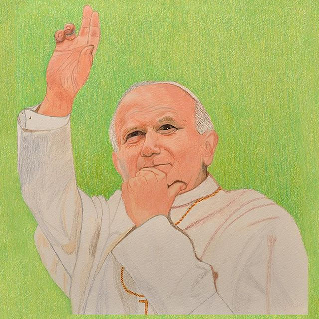 Le Pape Jean-Paul ll  au Olimpique  a Montréal . 24x22 po. Crayon sur Carton