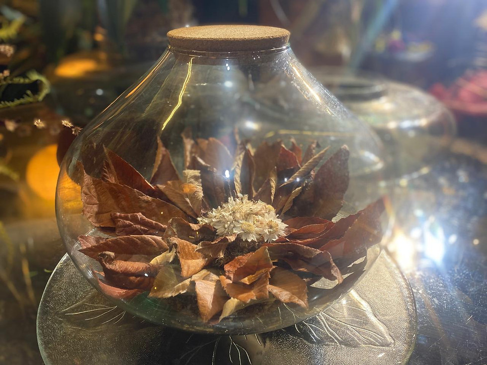 Arranjo de flores preservadas no vidro