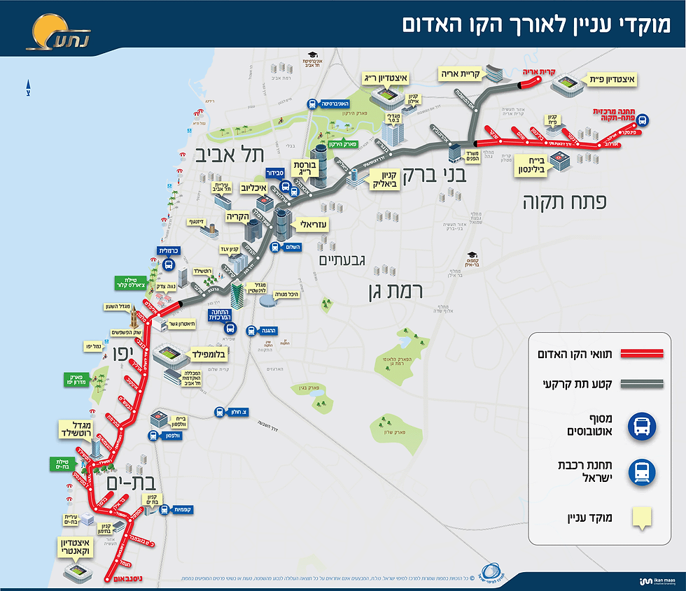 מוקדי עניין לאורך הקו האדום רכבת קלה במטרופולין תל אביב (מפה מופשטת - מעוצבת)