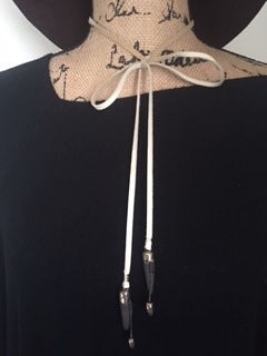 CREAM LEATHER LARIAT WITH BLACK STONE FIRED SPEARS