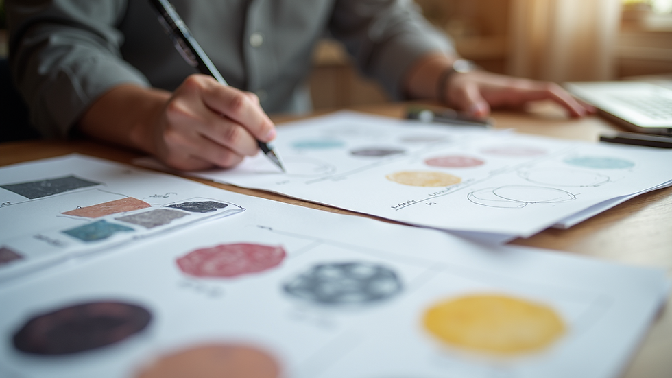 Eye-level view of a designer’s workspace with sketches and color swatches