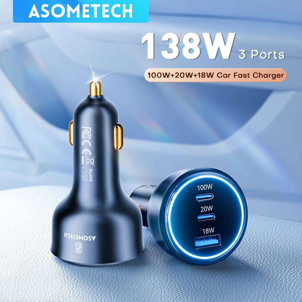 ASOMETECH 138W Car Charger USB Type C GaN Charger 100W 65W 45W 20W PPS PD QC3.0