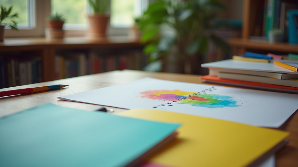 High angle view of a teacher’s desk with colorful lesson plans and cultural artifacts