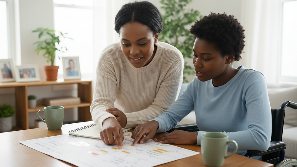 Close-up view of a caregiver and client planning a weekly schedule
